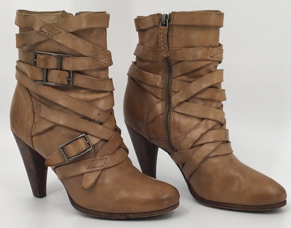 Frye Mikaela Strappy Ankle Boots Tan Leather Buckle Zip Heeled Women's 8.5 M